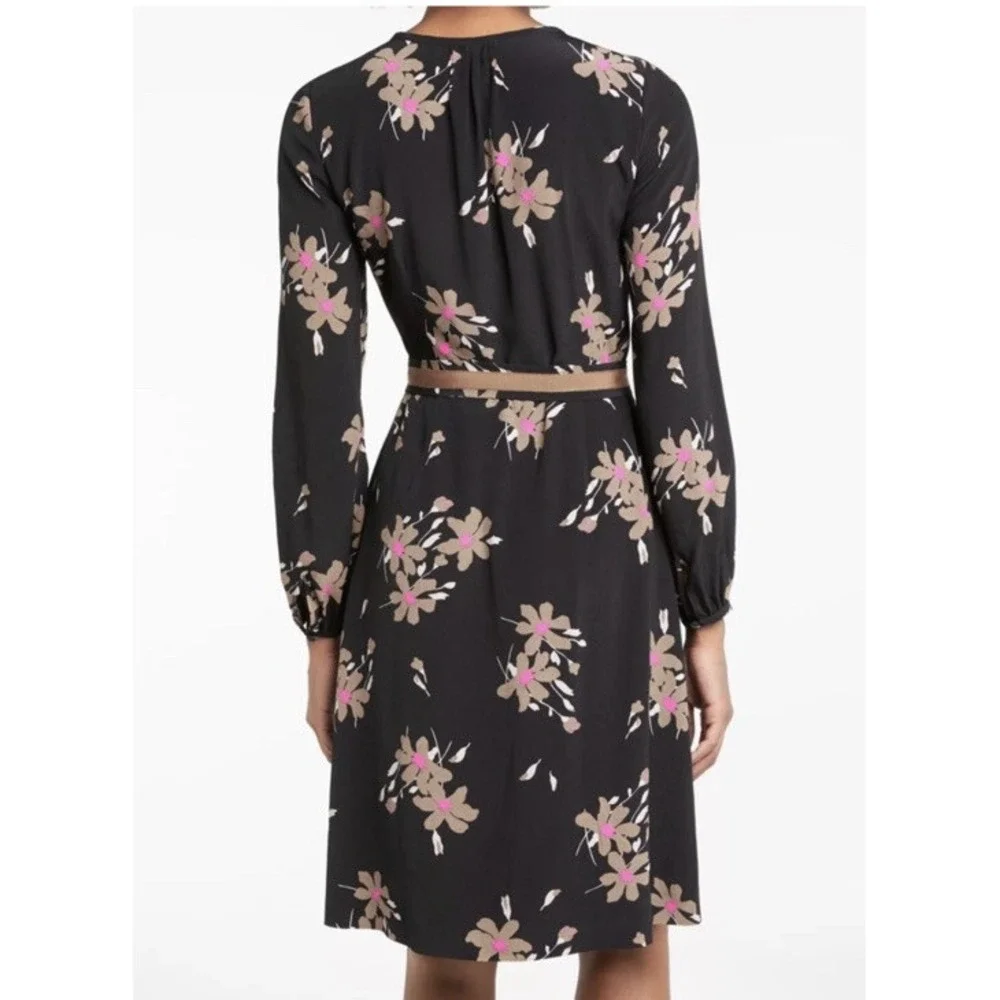 Boden Mara Black Bramble Floral Split Neck Belted Lined Long Sleeve Dress 6 - Picture 2 of 5